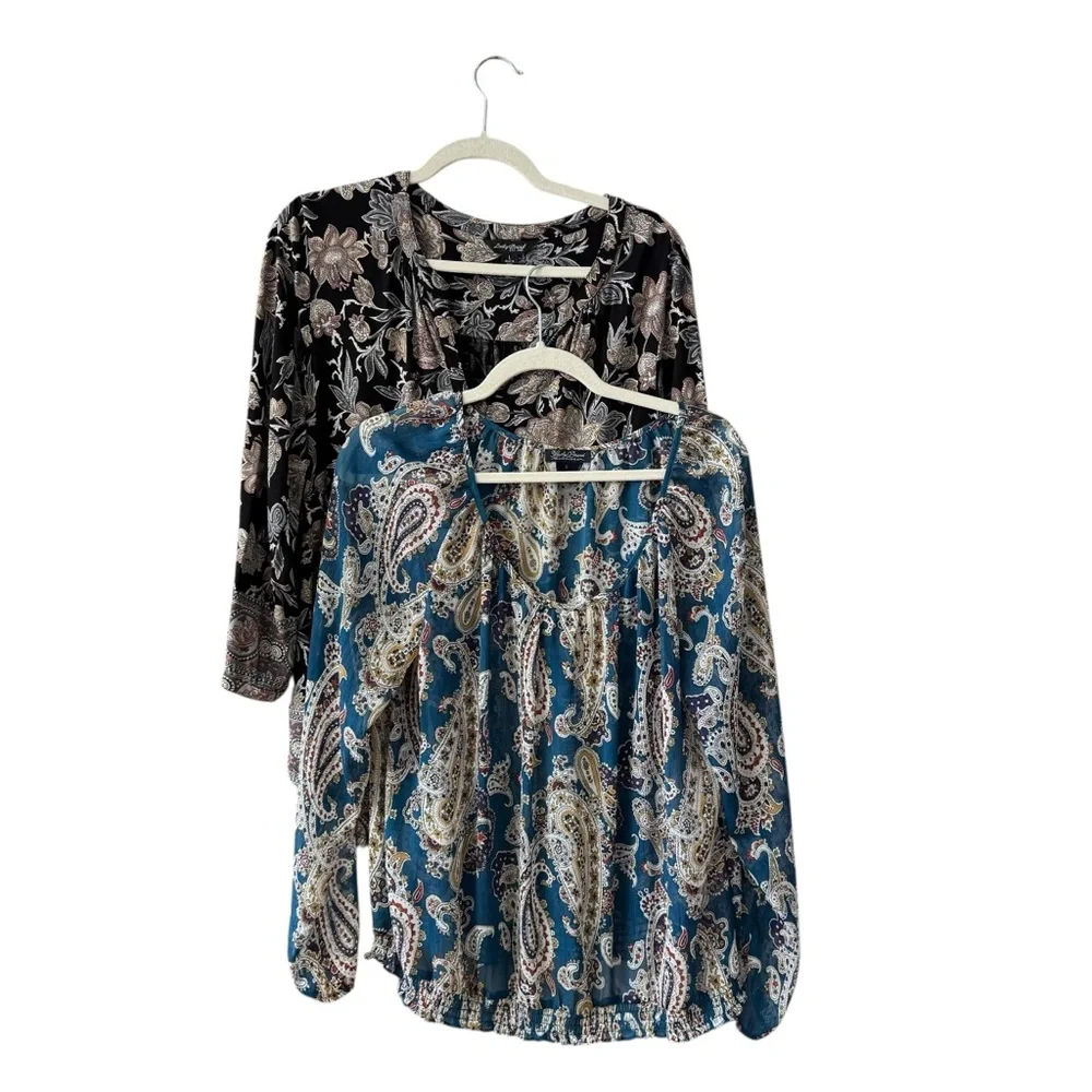Bundle Lot of 2 Lucky Brand Boho Blouse Tops Size LG Blue‎ Black Floral Casual - Picture 11 of 11
